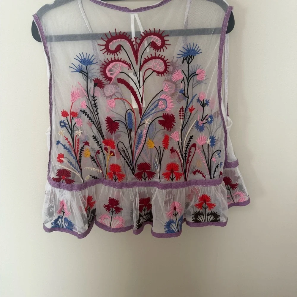 ✨ Maeve Anthropologie Cammie Embroidered Mesh Peplum Top - Sheer Floral - Size S - Picture 4 of 8